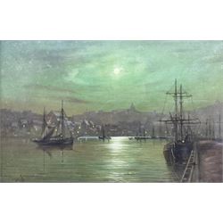Circle of Louis Hubbard Grimshaw (British 1870-1944): Harbour by Moonlight, oil on panel signed with initials LG 19cm x 30cm 