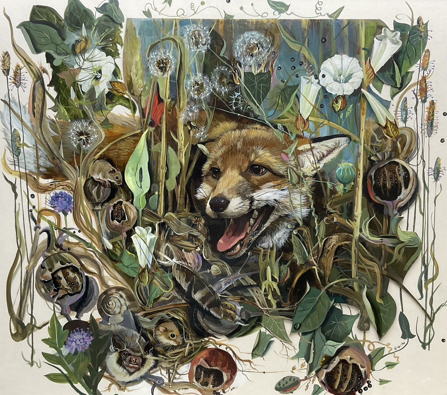 Sheila Gertrude Mackie (Northern British 1928-2010): Fox in the Undergrowth, gouache and cut-out signed with initials 68cm x 77cm