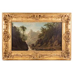 Circle of Francis Danby (Irish 1793-1861): Wooded Valley with Fisherman and Castle, oil on panel unsigned 46cm x 80cm in magnificent swept gilt frame
