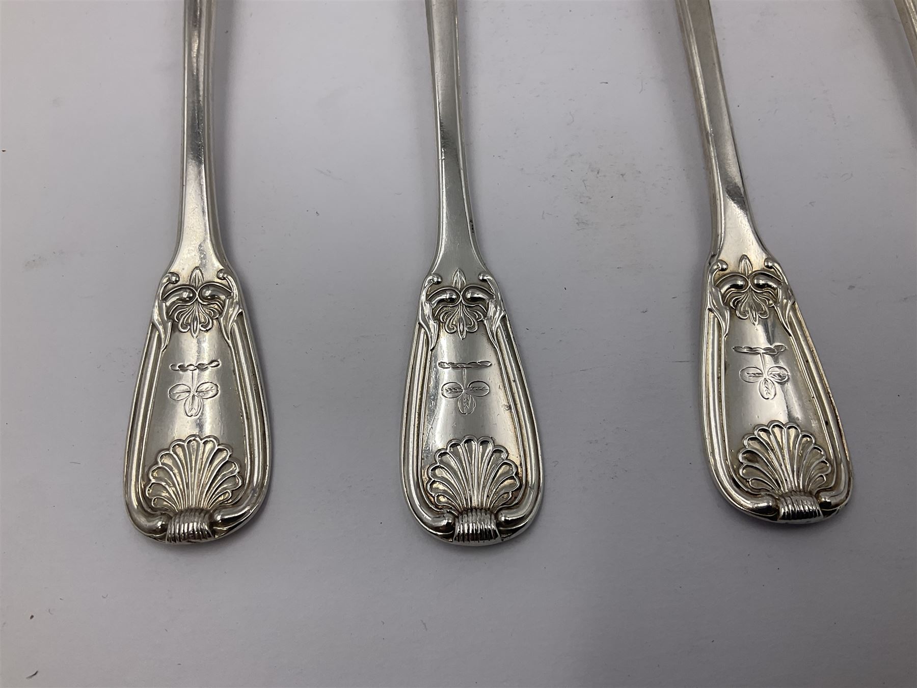 George IV Scottish silver Kings pattern cutlery for six place settings, to include table spoons, table forks, dessert spoons and dessert forks, all engraved with shamrock crest to terminal, hallmarked Robert Gray & Son, Glasgow 1833