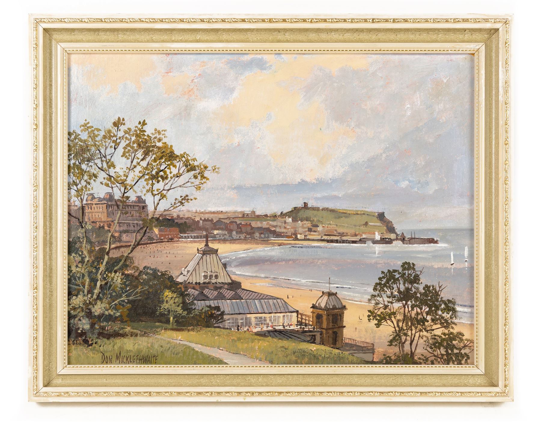 Don Micklethwaite (British 1936-): South Bay from Scarborough Spa, oil on board signed 29cm x 37cm