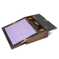 Victorian figured walnut writing slope, with brass mounted gothic decoration to cover opening to reveal purple slope, and compartmentalised interior, with key, W35cm