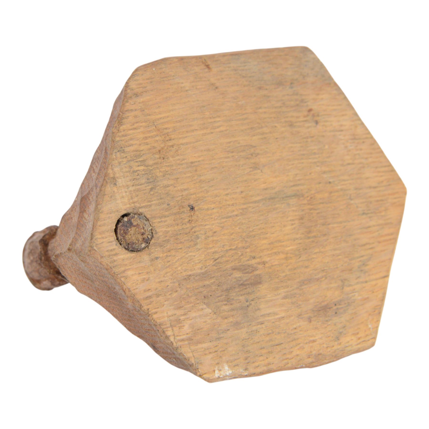 Gnomeman - tooled oak ashtray, hexagonal form with carved standing gnome signature, by Thomas Whittaker of Littlebeck, W12cm