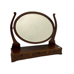 Edwardian inlaid mahogany dressing table mirror, oval bevelled glass, three trinket drawers