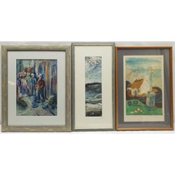 Lynne Herkmen (Northern British Contemporary): 'Busker in York', pastel signed, titled on label verso 34cm x 24cm; Lindsey Tyson (British Contemporary): Seagulls and Fish, textile collage signed on the mount 36cm x 10cm; Jean-Luc Sailla (Contemporary): Violin Abstract, watercolour signed 16cm x 23cm; French House, mixed media signed with initials 35cm x 22cm (4)