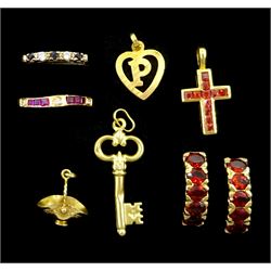 Gold garnet cross pendant, ruby and diamond ring, key and basket pendant / charm, all 18ct, gold five stone ring, hallmarked 9ct, pair of 14ct gold and silver-gilt garnet half hoop earrings and a 16ct gold 'P' pendant