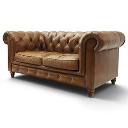 Timothy Oulton for Halo - two seater brown leather chesterfield settee, of traditional sha...