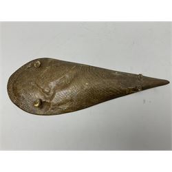 Bergman Art Nouveau bronze dish, of naturalistic shell form upon four shell feet, the centre decorated in relief with a mermaid amongst fish and sea horses, with Bergman mark and impressed Geschutzt 5070 beneath, L36cm