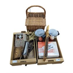 Wicker picnic basket, three cast iron flat irons including Salter example, brass fireside companion items, two pedal bins and other collectables
