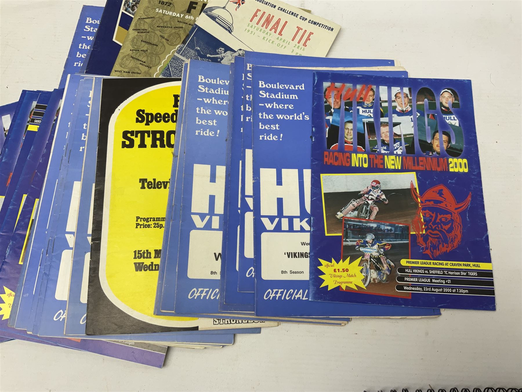 1951 FA Cup final Blackpool V Newcastle United programme, together with a collection of other sporting programmes, mostly Speedway official examples, and a football rattle.