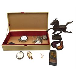 Jewellery including silver Kendal & Dent pocket watch, one other pocket watch, a 9ct gold wristwatch on gilt bracelet, 9ct gold heart and 15ct gold pick charms, together with a pipe, figure of a Tang horse, hand painted lacquer box, costume jewellery etc 