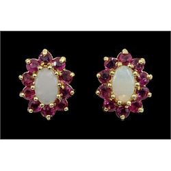 Pair of 9ct gold opal and ruby cluster stud earrings