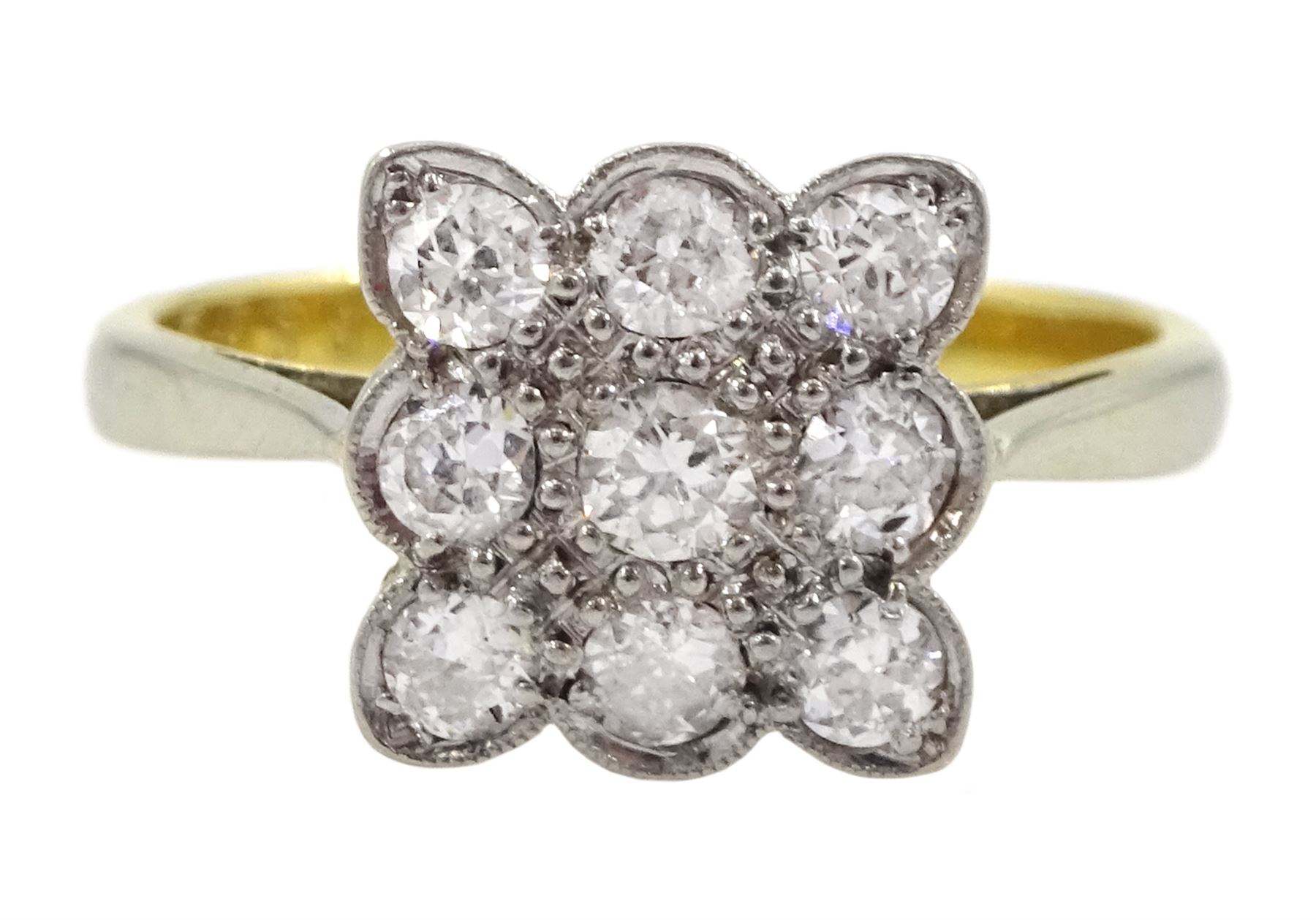 Early-mid 20th century 18ct gold milgrain set diamond square cluster ring, stamped, total diamond weight approx 0.45 carat