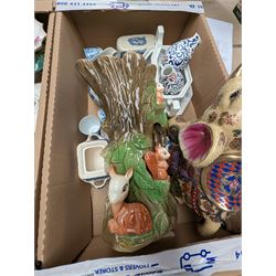 Barge Ware teapot, Withernsea vase, blue and white ceramics and other collectables, in three boxes 