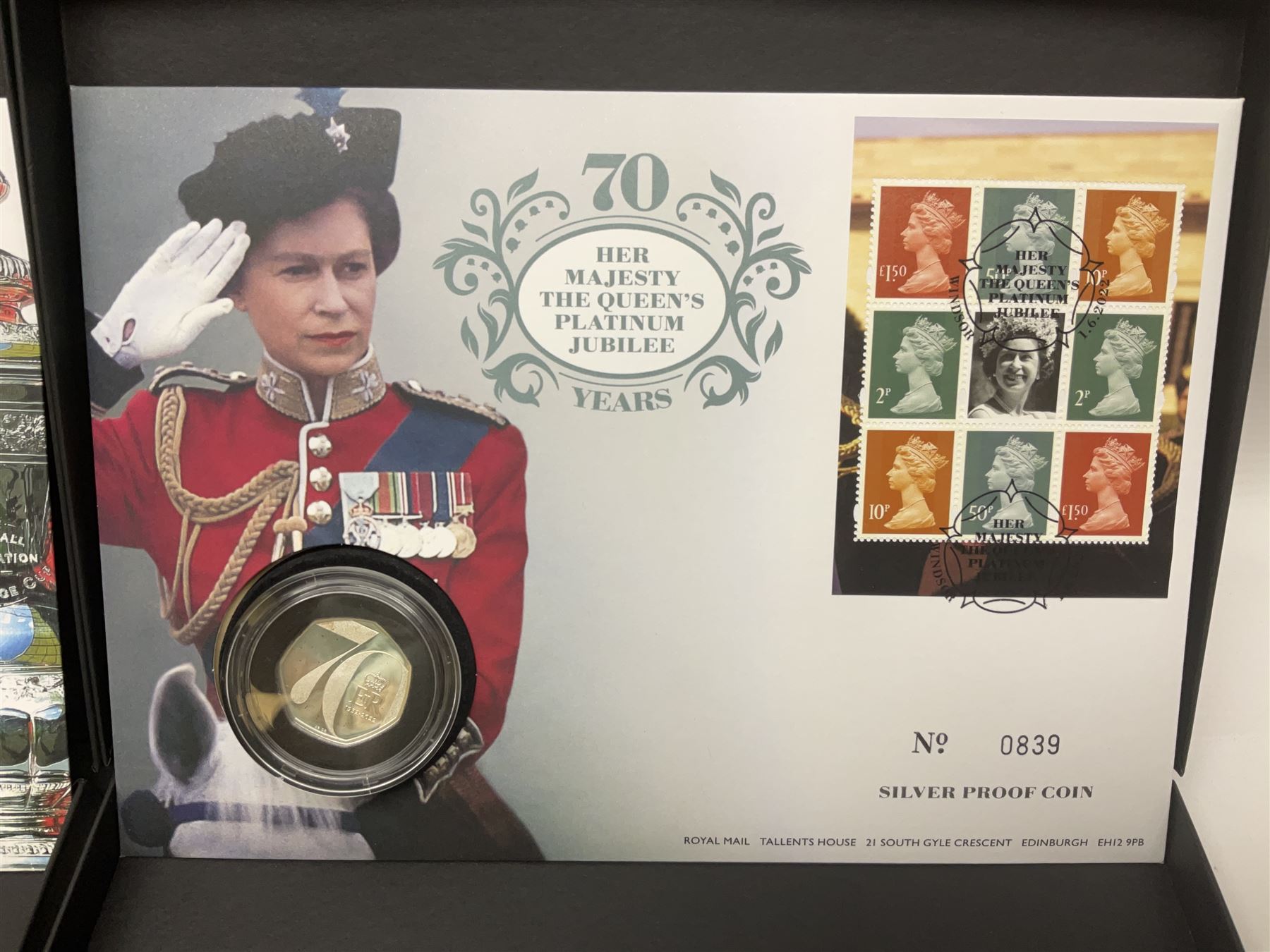 Five The Royal Mint Royal Mail silver proof coin covers, comprising 2021 'HG Wells' with two pounds, 2021 'HM The Queen's 95th Birthday' with five pounds, 2022 'Her Majesty The Queen's Platinum Jubilee 70 Years' with five pounds, 2022 'Her Majesty The Queen's Platinum Jubilee 70 Years' with fifty pence and 2022 '150 Years of The FA Cup' with two pounds, all in Royal Mail card boxes