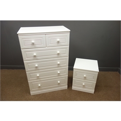  White finish double wardrobe, two doors enclosing fitted interior, single drawer to base, (W76cm, H191cm, D53cm), matching chest, two short and four long drawers (W77cm, H125cm, D41cm), and a two drawer bedside chest  