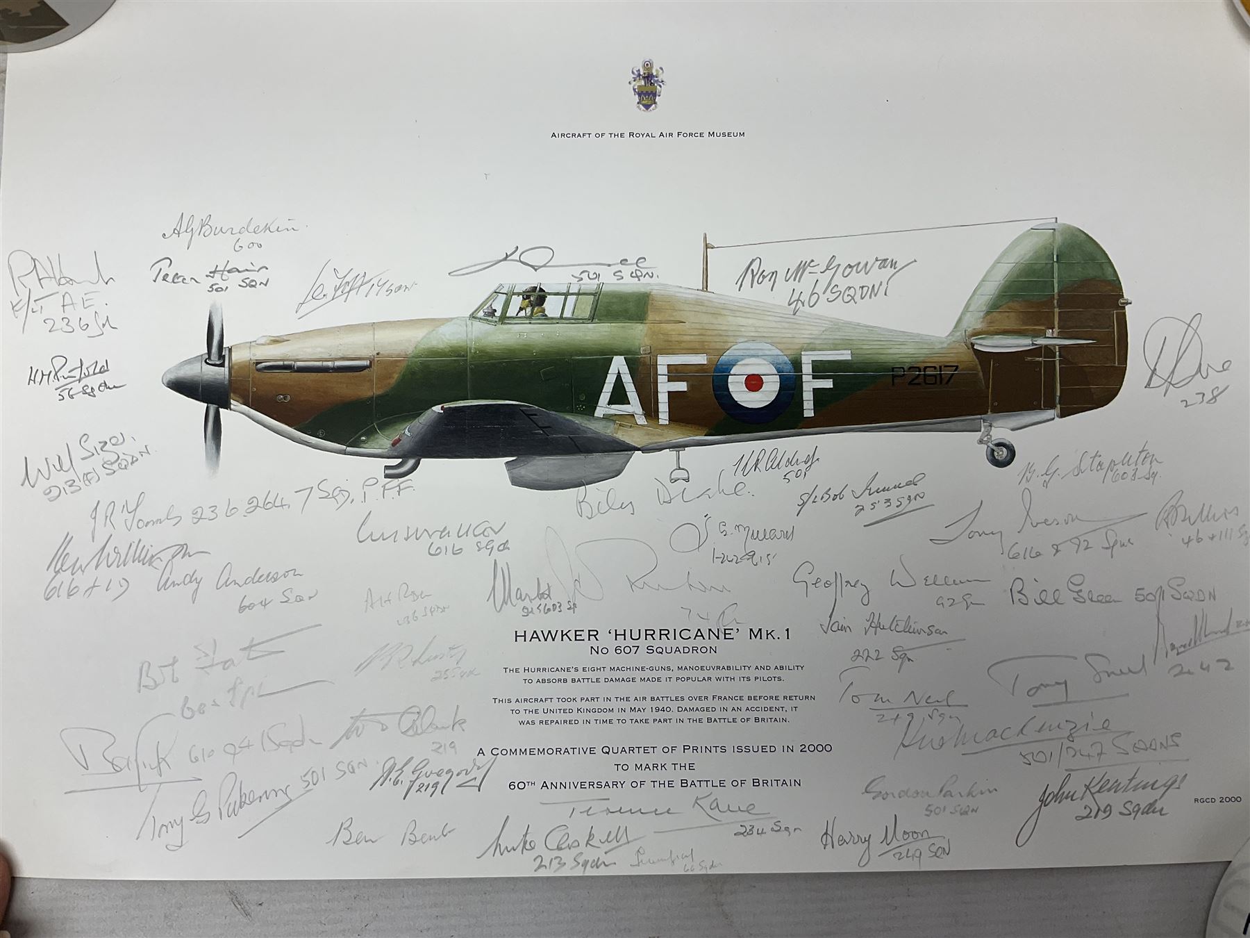 Collection of twenty-one unframed and seven framed prints of predominantly aviation interest after David Pritchard, Brian Petch, Stephen Teasdale, Barry Price, Coulson, Wardle etc; depicting Spitfires, Hurricanes etc; some limited editions with certificates and many bearing multiple signatures on the mount