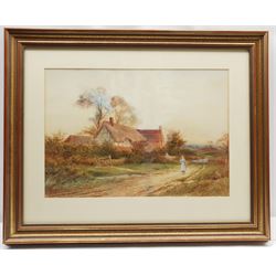 Alexander Molyneux Stannard (British 1878-1975): Herding Sheep by a Thatched Cottage, watercolour signed 30cm x 42cm   