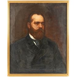 George Augustus Poole (British 1861-1932): Portrait of Joseph Cooper and Maria Cooper, pair oils on canvas signed 68cm x 55cm (2)
Notes: Joseph Cooper invented the 'Go-Through' lace making machine and other lace making equipment which revolutionised lace making in Nottinghamshire.