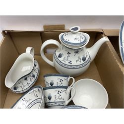 Royal Doulton Cambridge pattern tea and dinner wares, including teapot, jug, dinner plates, cups, etc with printed mark beneath 