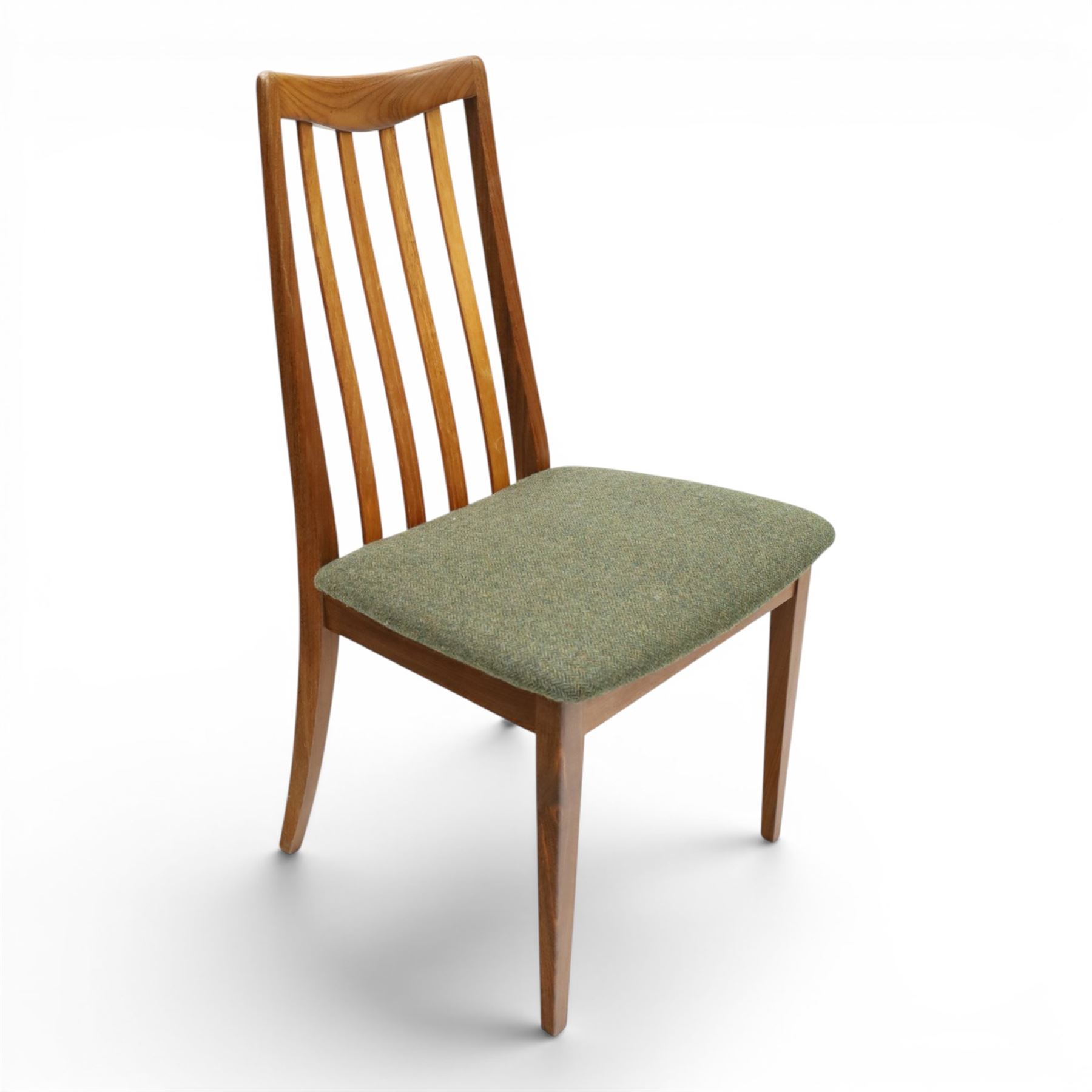 G-Plan - 'Fresco' set of teak eight dining chairs, reupholstered in green tartan and green harris tweed fabric 