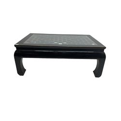 Chinese ebonised rectangular coffee table, inset glass top over pierced geometric fretwork, raised on shaped supports