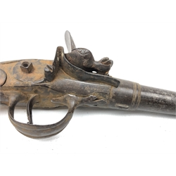  19th century flintlock pocket pistol with 5cm cannon end barrel, action stamped Tower London, bulbous figured walnut stock, L17.5cm, lacks hammer  