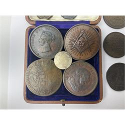 Coins, tokens, paranumismatic and miscellaneous items, including United States of America 1850 one cent, 1877 one dime, 1884 five cents, 1926 Liberty dime etc, Queen Victoria New Brunswick 1843 one penny token, East India Company 1845 half anna, Chinese cash coins, Grand Lodge of Maryland November 16th 1886 Centennial Session medallion etc