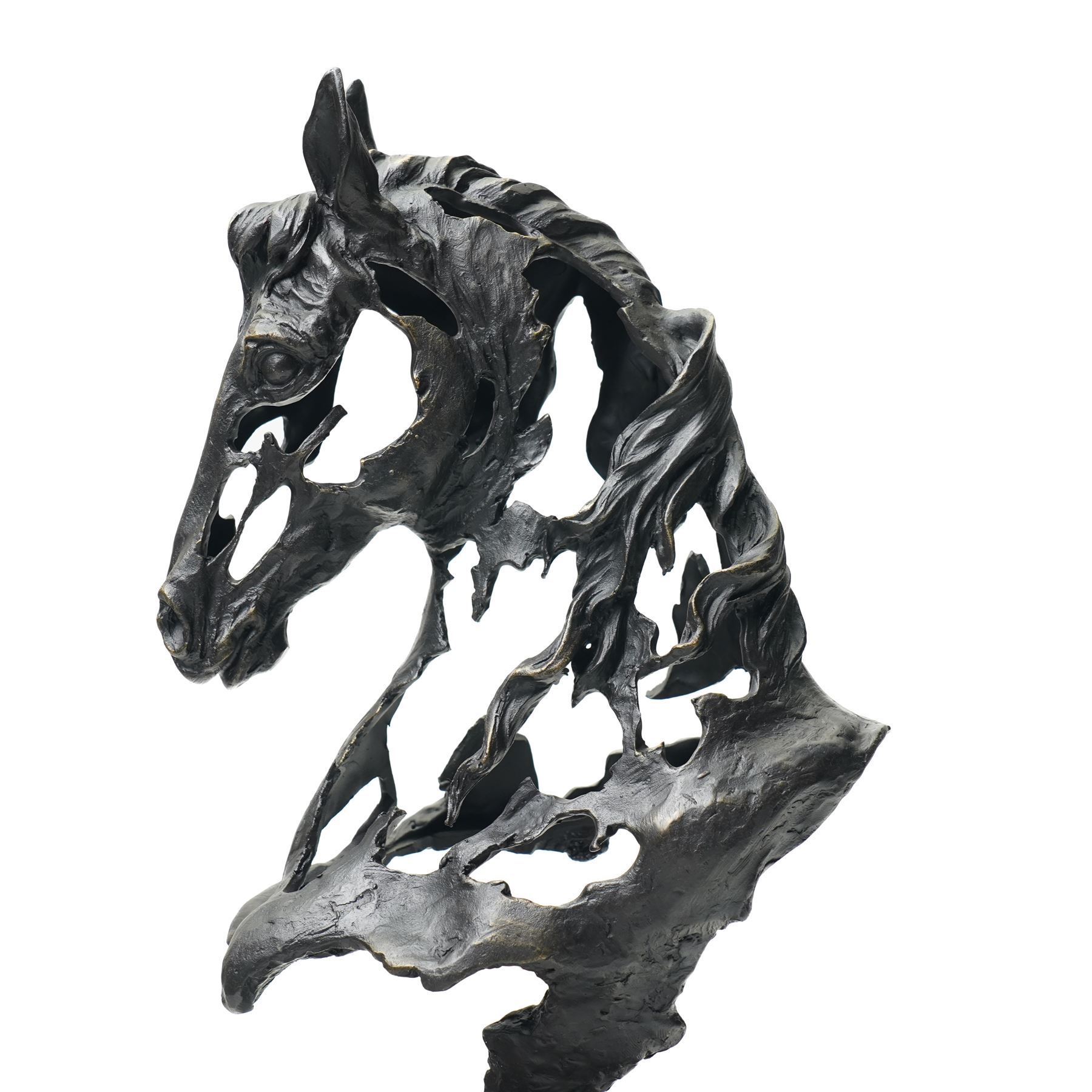 Stylised horse head, bronze, signed Gadi and bearing foundry mark, upon black stone square plinth, overall H41cm