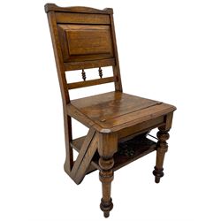 19th century oak metamorphic library steps and chair, panelled back with turned spindles over plank seat with turned front supports, the hinged seat folding forward, the steps inset with carpet treads  
