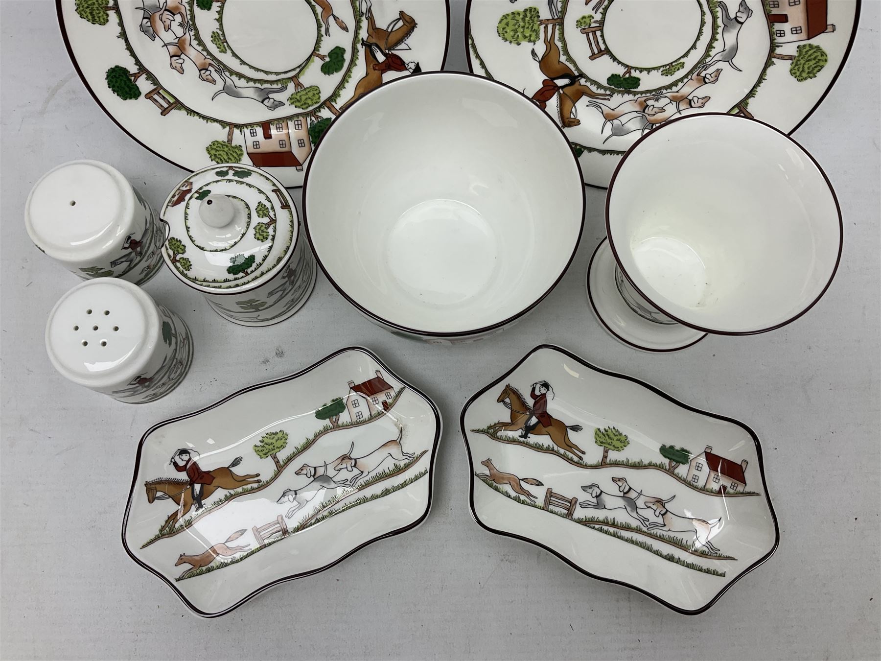 Nine pieces of Coalport and Crown Staffordshire Hunting Scene porcelain including three-piece condiment set, pair of pin dishes, bowl, vase etc