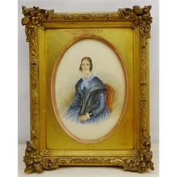  English School (19th century): Portrait of a Seated Victorian Lady, oval watercolour indistinctly signed 24cm x 16cm  