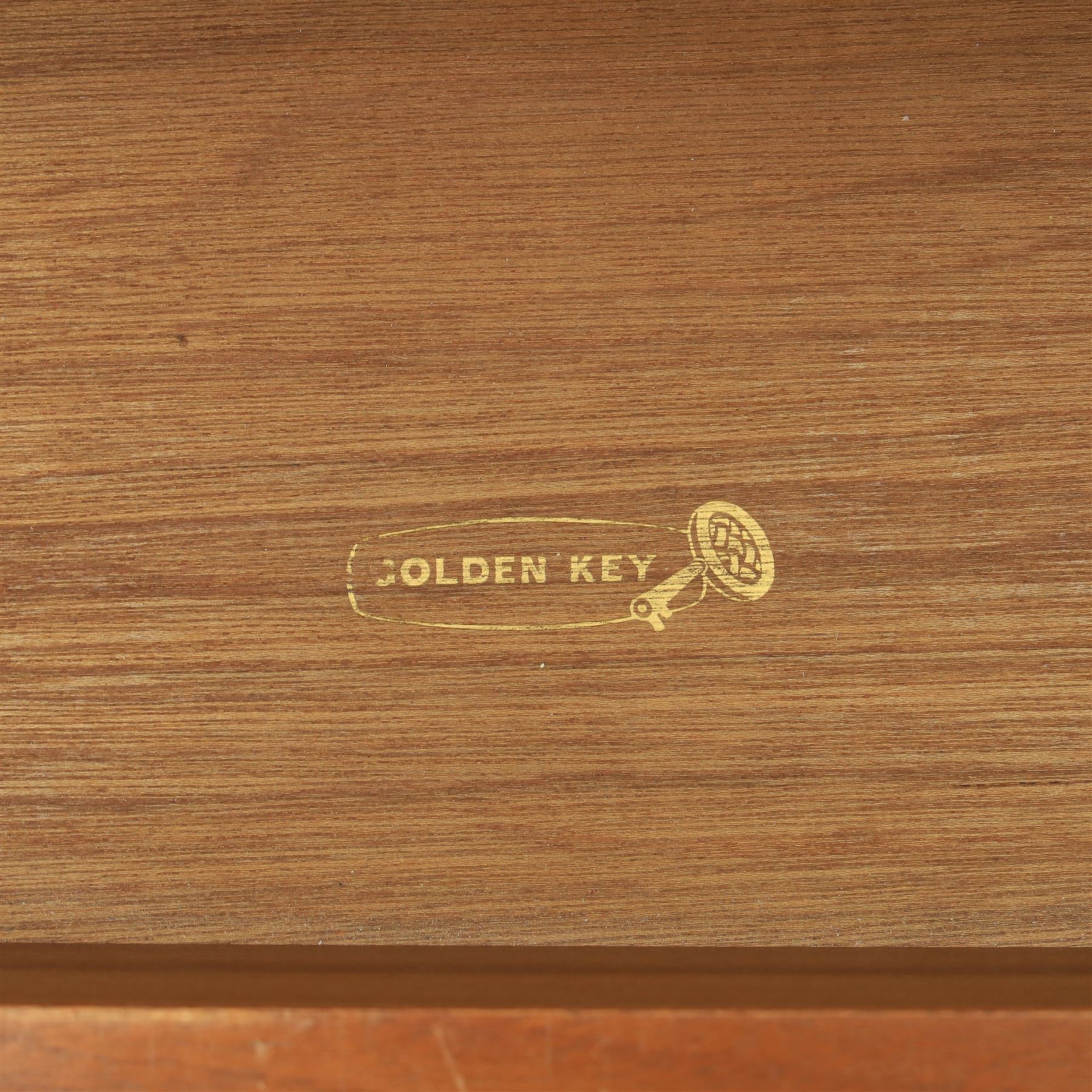 Golden Key By Palatial Ltd - mid-20th century teak dresser, three part mirror above a rectangular top, with six drawers with brass handles and pulls, upon splayed tapering legs 