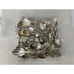 Quantity of assorted silver plated and other flatware, to include part sets, set of three silver plated cruets, glass sifter with silver plated cover, two glass decanters and stoppers, etc., in one box 