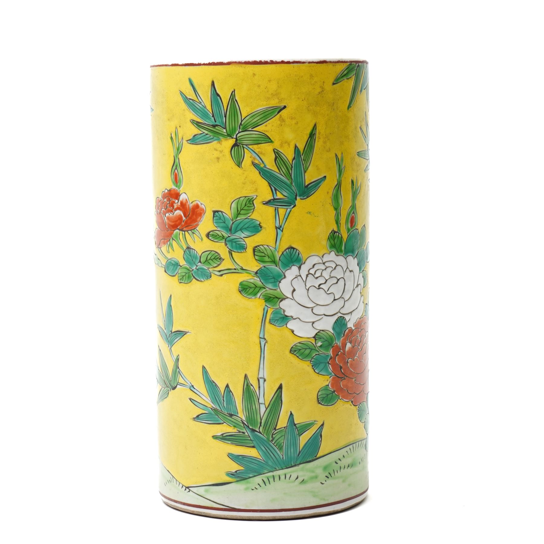 Chinese famille jaune spill vase, decorated with birds and flowers, mark in red to base, H24cm