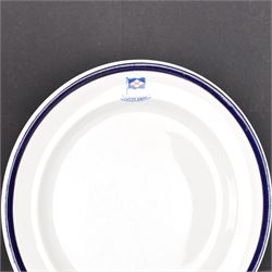 Early 20th century 'Cutty Sark' dinner plate, printed with the house flag and ship's name beneath, within a cobalt blue and gilt border upon a white ground, with printed maker's mark beneath for T. Hayward & Co, D24.5cm

Provenance by vendor repute: Vendor's father was a naval cadet in 1940s/50s on board HMS Worcester which was moored alongside the Cutty Sark on the River Thames at Greenhithe. He has had the plate since then. 