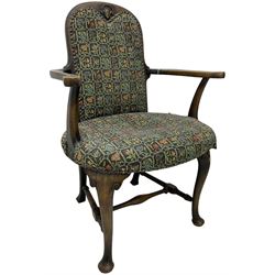 Early 20th century Queen Anne design beech framed armchair, on cabriole supports joined by turned stretchers 