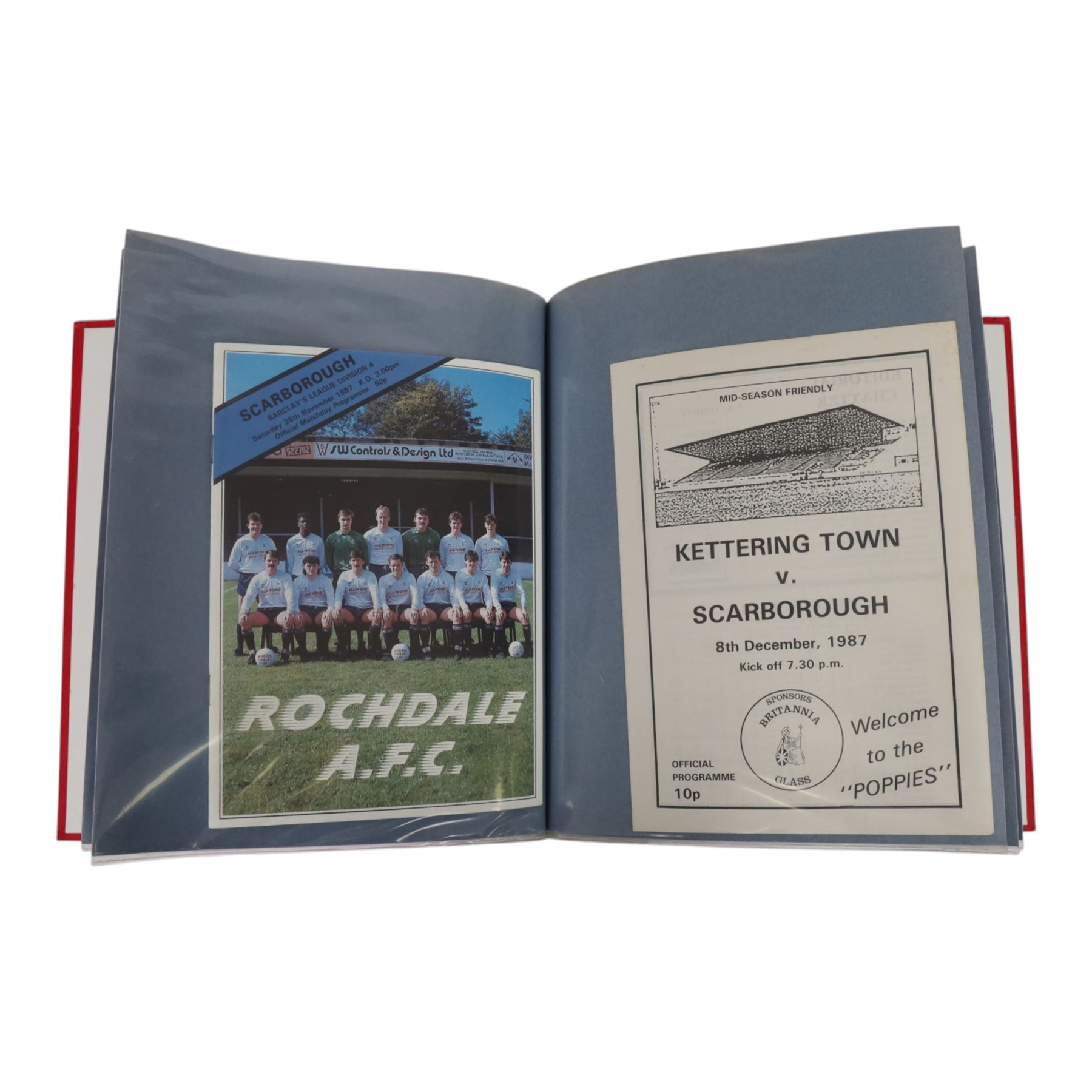 Comprehensive collection of approximately one-hundred and ninety Scarborough FC football programmes for the 1987/88, 1988/89 and 1990/91 seasons, all filed within six dedicated Scarborough FC red Home and Away binders 
