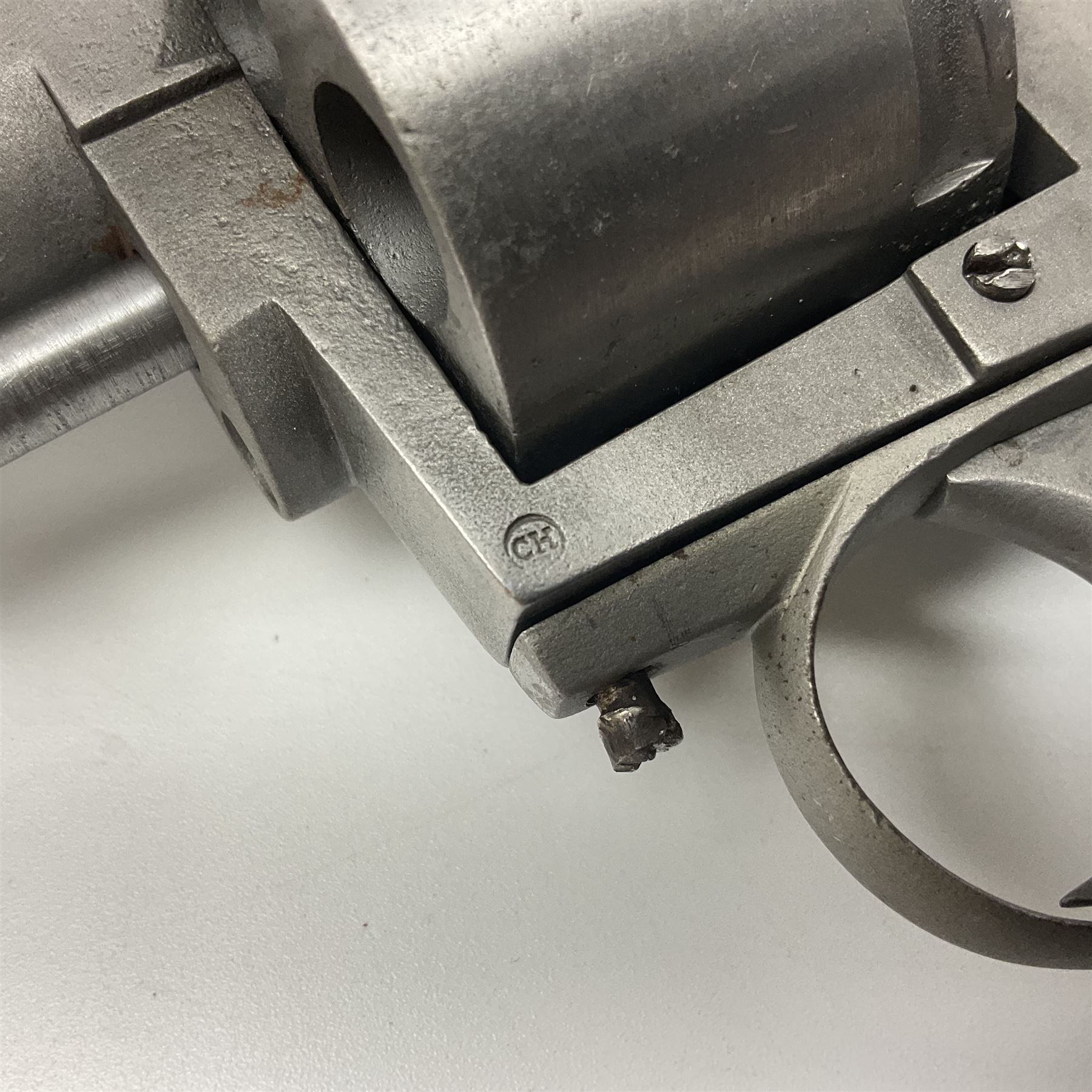 The major parts only of a British Bull-Dog .500 Boxer five-shot revolver comprising stripped down framework, cylinder, trigger with guard, functioning hammer and two-piece chequered grip; retailed by G. Goth Buenos Ayres; Belgian proof marks; L19.5cm overall; in fitted mahogany case 