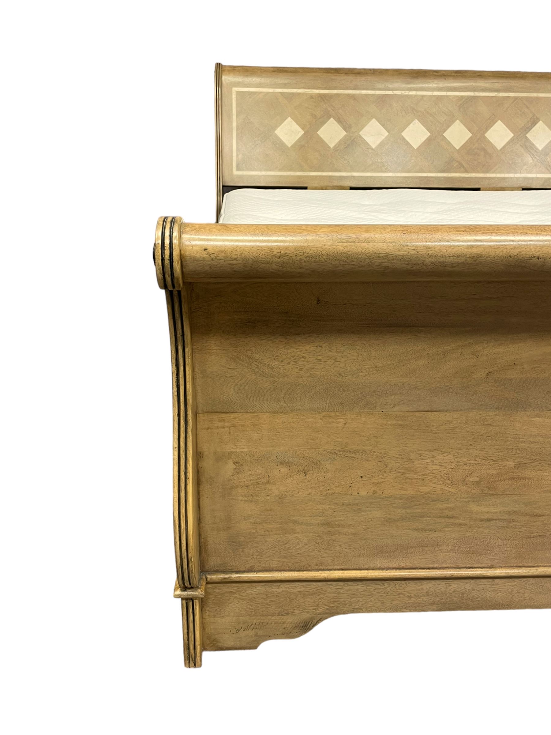 Barker & Stonehouse - 'Flagstone' 6' Superking size mango wood sleigh bed, the head and footboard inset with stone geometric inlays, scrolled and rolling reed moulded frame, on bracket feet 