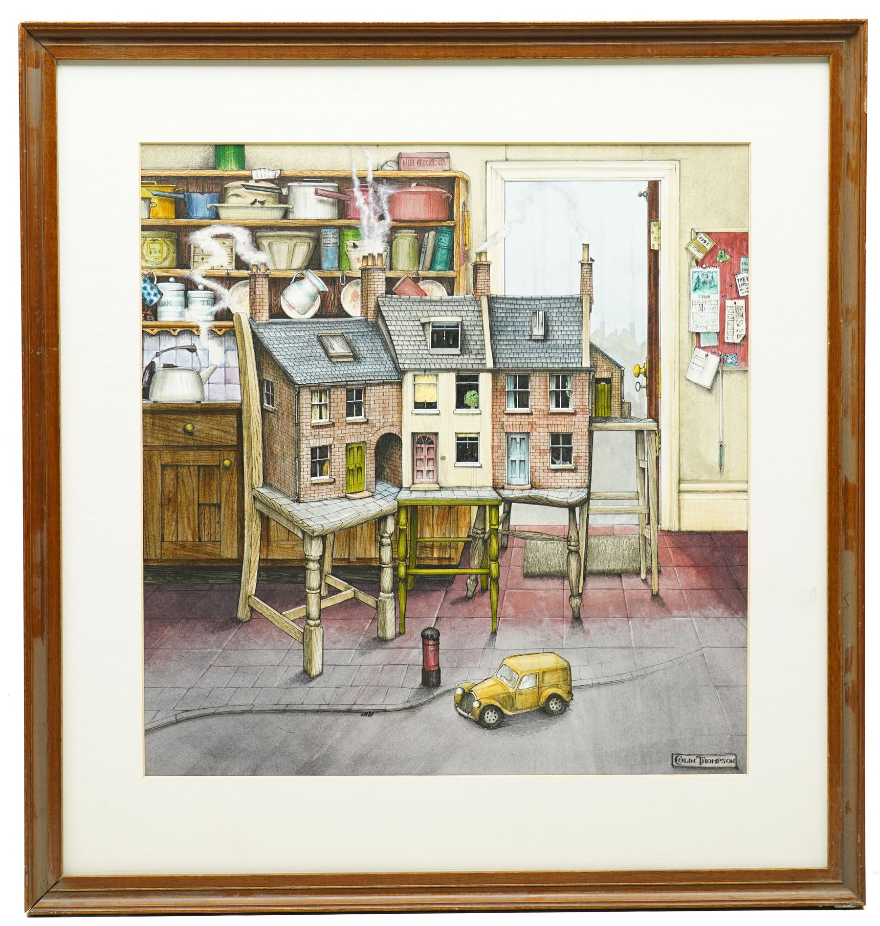 Colin Thompson (British/Australian 1942-): Houses in Kitchen Illustration, ink and watercolour signed 38cm x 37cm 
Notes: Featured in Thompson's the 'Pictures of Home' book, commissioned by Leeds Permanent Building Society, page 14. 