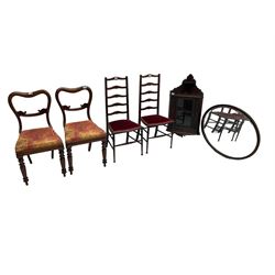 19th century mahogany framed wall mirror, oval bevelled plate (89cm x 67cm); pair Edwardian high ladder back hall chairs; pair Victorian dining chairs; 19th century hanging corner cupboard with glazed door