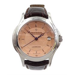 Dreyfuss & Co Series 1925, stainless steel automatic wristwatch No. 191, salmon pink dial with date aperture, on original brown leather strap, boxed with papers