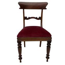 Seven early 19th century mahogany dining chairs - set six side chairs with scroll carved middle rails (W46cm), and a carver elbow chair with rope twist middle rail