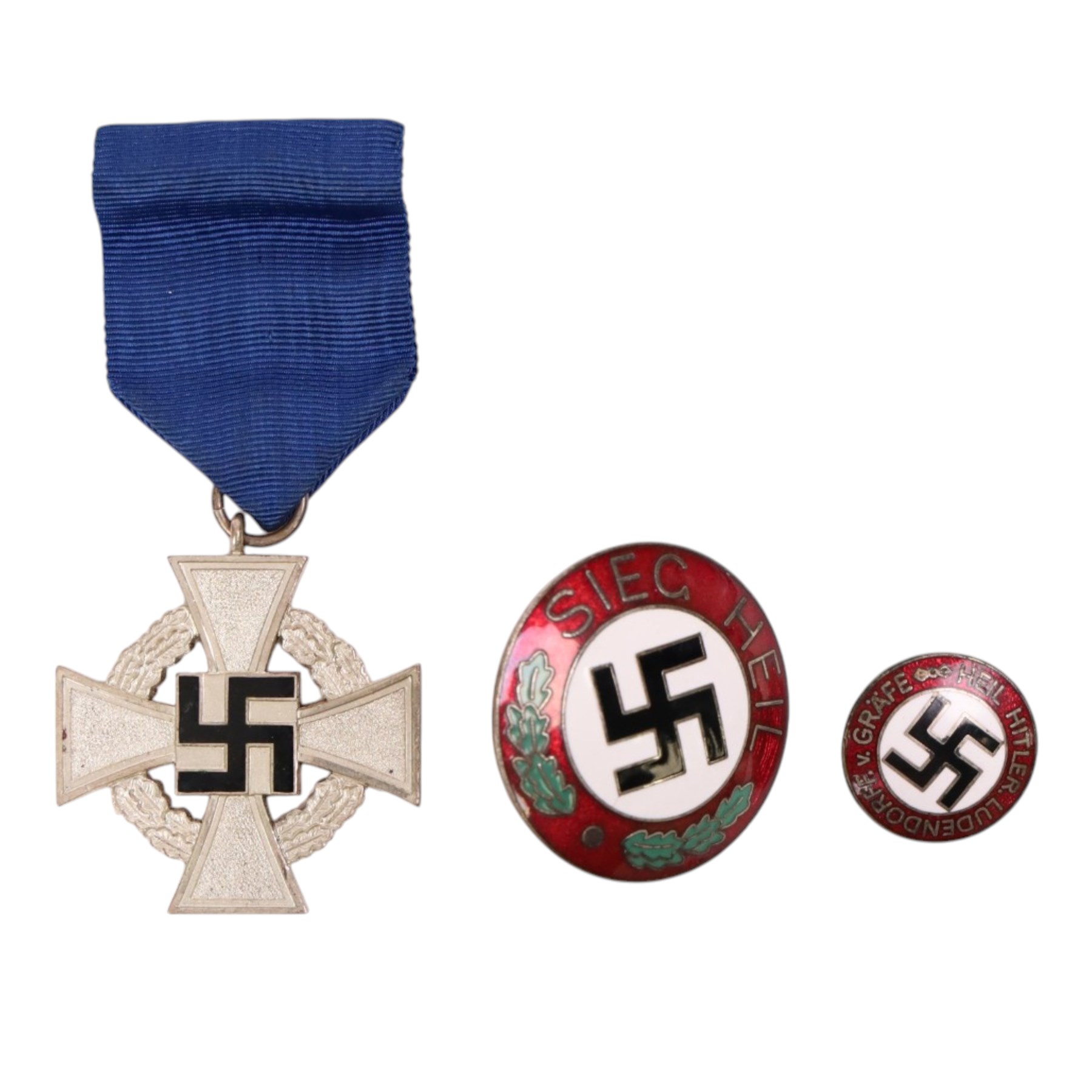 Third Reich NSDAP 25 Year Faithful Service Decoration, together with two NSDAP badges