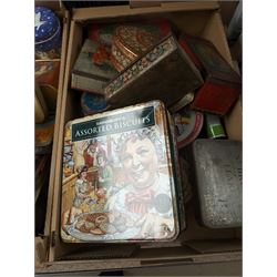 Collection of vintage biscuit and chocolate tins, including Huntley & Palmers and Elizabeth II Coronation example