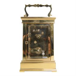 Rapport France late 20th century 8-day timepiece brass carriage clock, brass case with four bevelled glass panels, enamel dial with maker's name, Roman numerals and steel moon hands, with a jewelled lever platform escapement, movement stamped with L'Epée logo, with key.