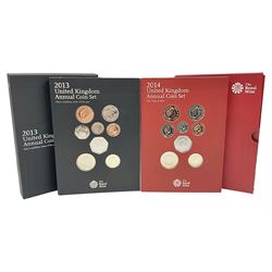 Two The Royal Mint United Kingdom Annual Coins Sets, dated 2013 and 2014, both in card folders with certificates