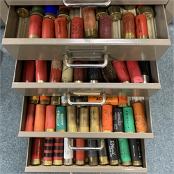 Approximately seven-hundred and fifty shotgun cartridges, various ages, gauges and makers, contained in grey steel fifteen-drawer cabinet W29cm H99cm D42cm SHOTGUN CERTIFICATE REQUIRED