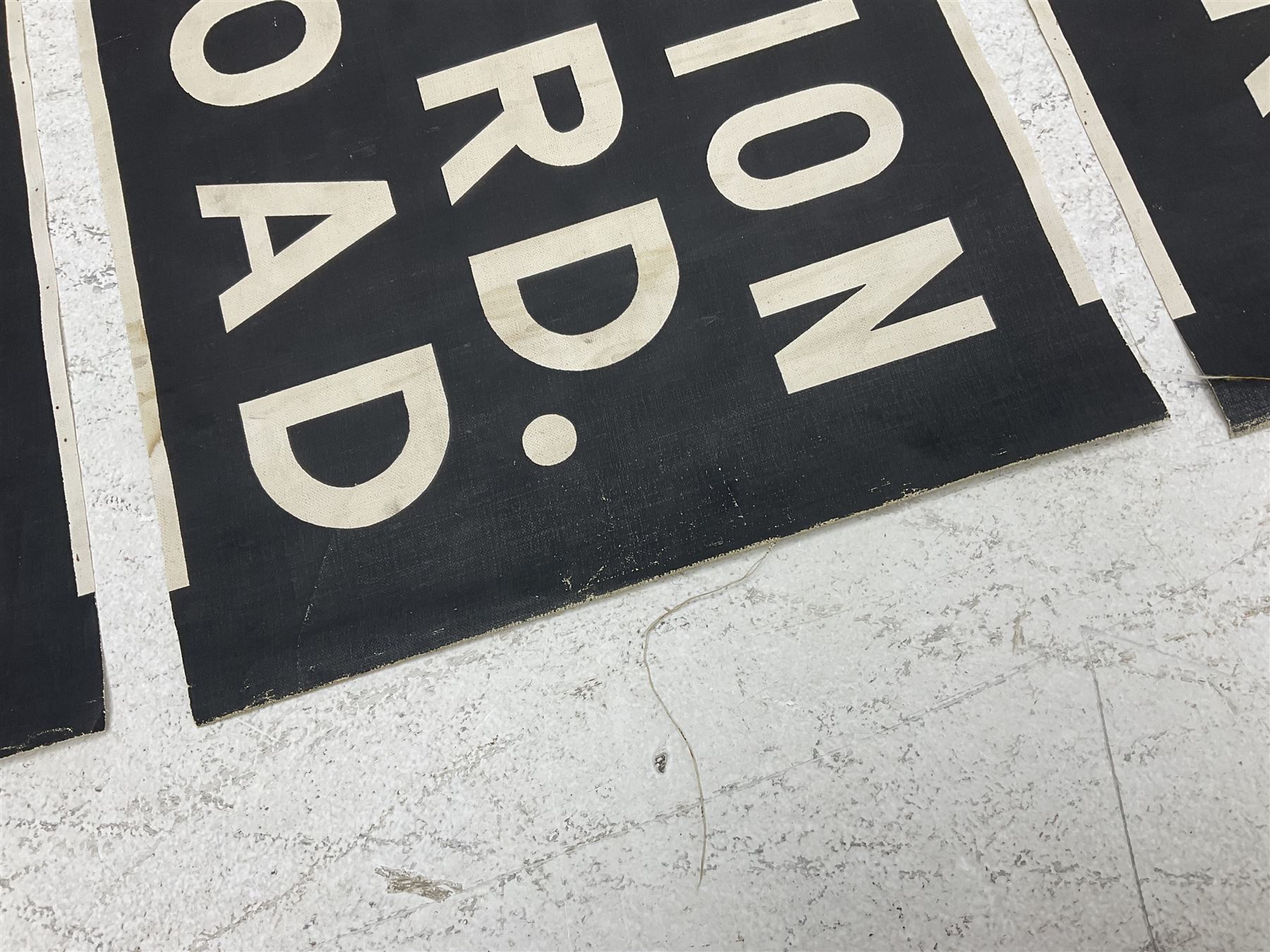 Three mid 20th century Scarborough bus destination blind sections, 'Railway Station, Falsgrave, Scalby Road', 'Marine Drive, West Pier' and 'Railway Station, Ramshill RD, Filey Road', each L78cm H30cm
